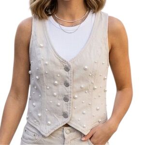 Denim Forum The '90s Mia Denim Vest XS Lived In Sandstone Pearl-Embellished